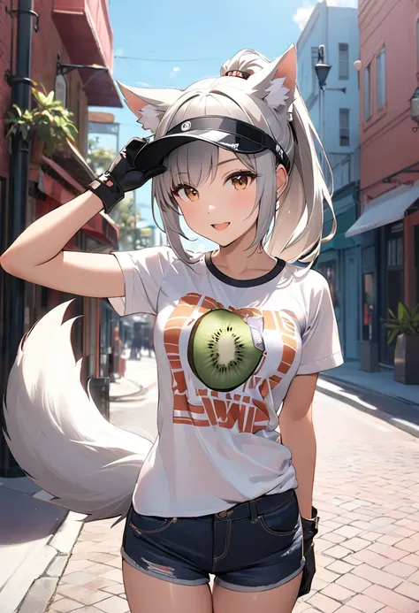 (masterpiece, best quality),(A girl wearing a fashionable kiwi-fruit print T-shirt),
(cute,cute,silver hair,ponytail,wolf-ear,sun-visor, gloves,middle small breasts,wolf-tail,),joy,street snap,slutty pose,Florida,octane rendering,