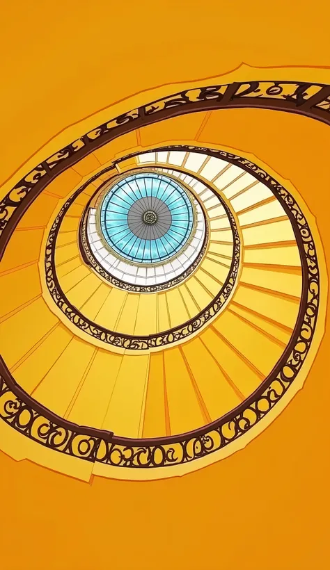 live-action、Real、 spiral staircase installed in a large church tower、Taken from directly below the spiral staircase 、There is a religious painting on the top 、
