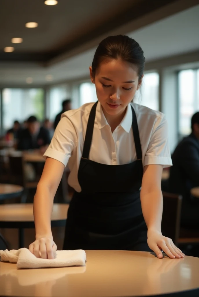 Waitress cleaning table