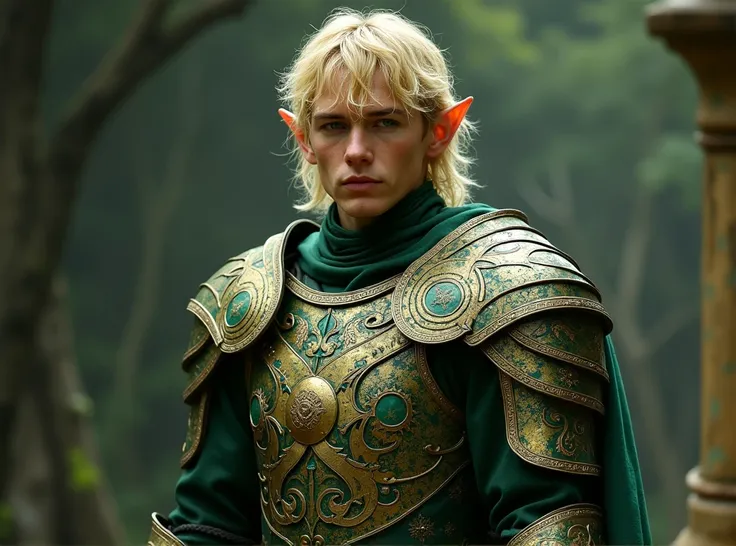 Digital image of a blond-haired male elf-warrior in the style of “The Lord of the Rings”. Full-length image. Richly decorated armor in green-gold tones, filigree, high detailing, patina. Brutal very bold look, high detail, cinematic surroundings and light,...