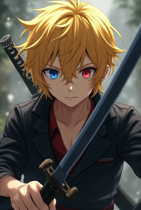 Male anime character with golden hair, black eyebrows, blue left eye, red right eye, holding katana sword