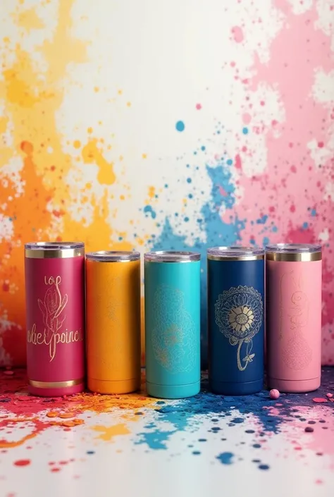 aesthetic colourful splashes covering the background with a variety of  engraved tall straight metal  powder coated sublimation tumblers strategically placed in the foreground with the words "Engraved Tumblers" cursive typography at the top of the image