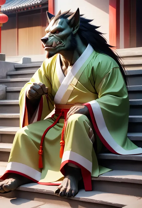 A wolf orc，Sitting on the steps and watching you in Hanfu