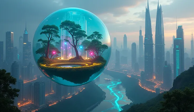 A giant, transparent bubble floating over a futuristic city. Inside the bubble is an entire miniature ecosystem with lush greenery, rivers, and small bioluminescent creatures glowing in neon colors as they float through the bubble’s atmosphere.