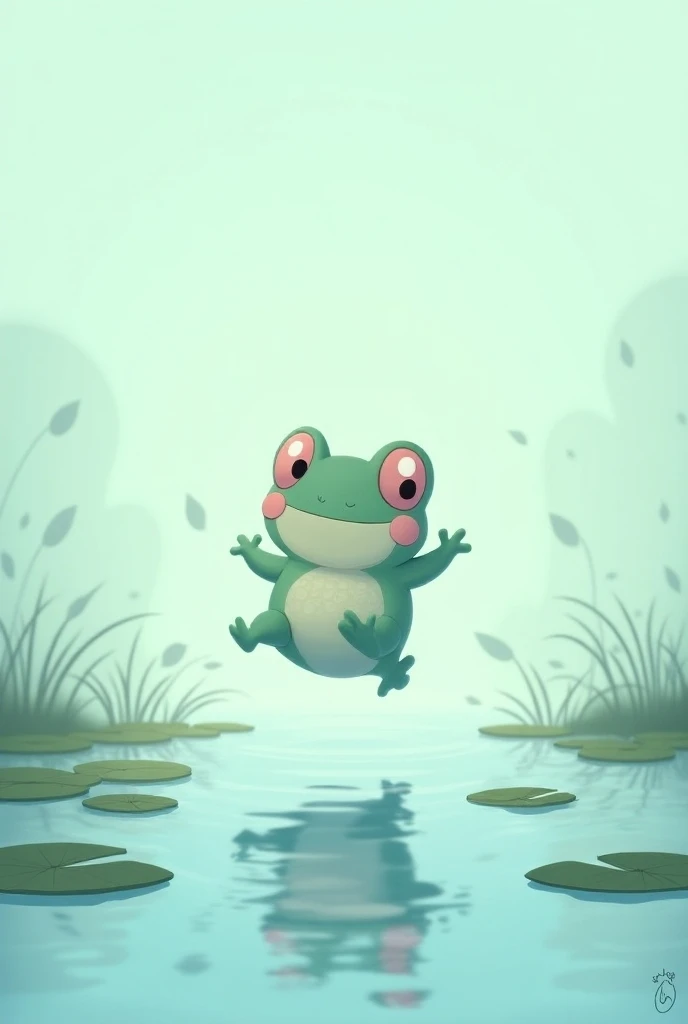 Design a 2D stylized illustration of Ripple, a frog-like creature of the water element. Ripple should be depicted in a supportive pose, mid-jump with water droplets and small waves surrounding it. The background should feature a tranquil pond with lily pad...