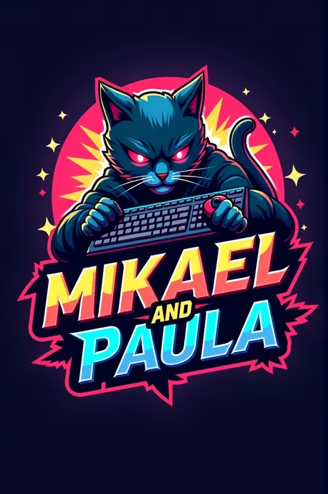 Logo Name Mikael  +  Paula gamer style with keyboard and mouse and a cat