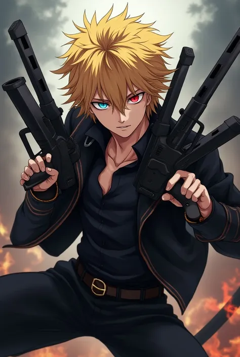 Male anime character with golden hair, black eyebrows, blue left eye, red right eye, left hand holding twin shotgun, right hand holding katana sword.