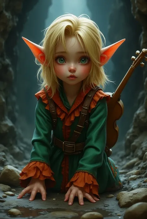 medival setting , fantasy,  in the sewer ,  if
 find an elf ,  with dark blond hair
 That reaches shoulder height.
  It has a thoughtful air (In itself ) yva
 dressed in colorful clothes ,  rather
 Chillones ,  and a lute tied to the back .
  with attitude...