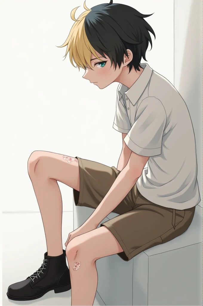 boy is wearing polo shirt White and brown short and one blond and black hair teenager sitting with wounds and side view 