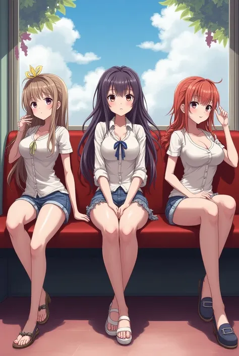 3 girls,  on the spines, the bigger the seat, the bigger the breasts. anime, 