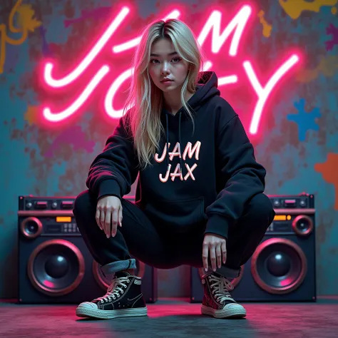 create a realistic 8k render airbrush of a 18 yrs old young beautiful filipino korean girl with a hiphop looks long blond colorful hair,all blackatire hoodie printed "JAM JOKY JAX" and wearing a highcut hip hop shoes, at the background has a wall painted w...