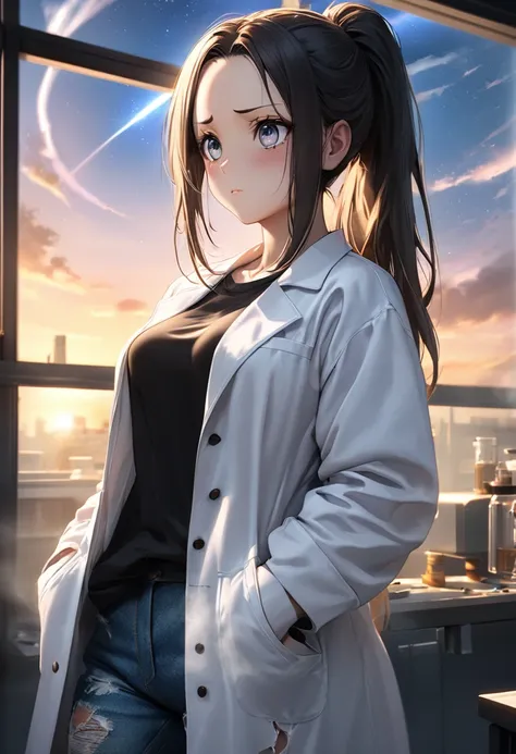 ポニちゃん。RAWphoto,photorealistic,8k16k,best quality,perfect anatomy,perfect detailed,ultra highres, extremely detailed eyes and face,gleaming skin,shiny skin,1girl,Japanese,black long hair,ponytail, antenna hair,parted bangs,forehead,round facebig eyes,troubl...