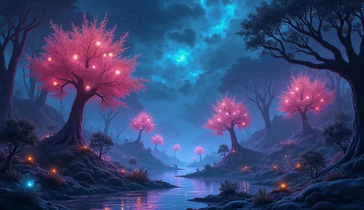 A vast, alien forest where the trees have glowing orbs in place of leaves, gently pulsing with different colors. The forest floor is covered in soft, reflective silver moss that shimmers under a dark sky filled with swirling stars.