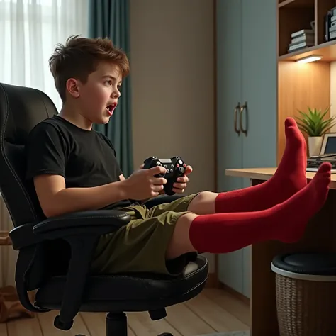 Realistic photo, side view, dorm room, a white european handsome young  guy with brown short hair, rather chubby, wearing long red soccer loose socks, large olive green shorts, black t-shirt, arrogantly sitting on a chair, legs extended with his red soccer...