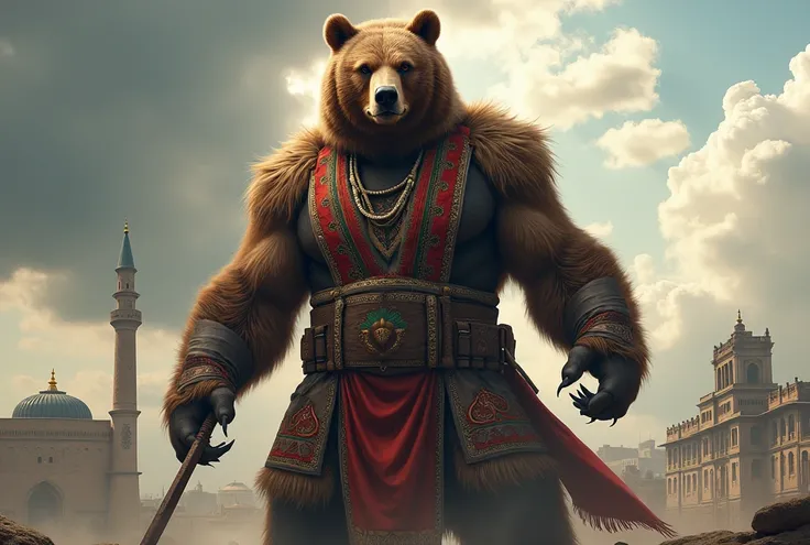 Here’s a detailed prompt for creating an image of a bodybuilder warrior bear with elements of Afghan culture:


---

Prompt: "A powerful, muscular bear depicted as a warrior, standing tall and fierce with a dangerous weapon in its grasp. The bears fur is i...