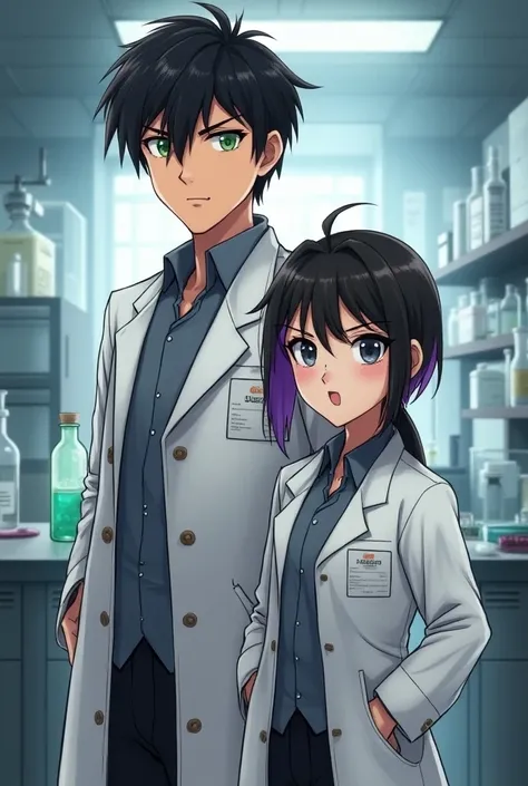 a tall boy, Serious, strong,  with black hair and green eyes with a scientists outfit and a smiling girl with black hair with purple tips and a nose piercing, Also dressed as a scientist  