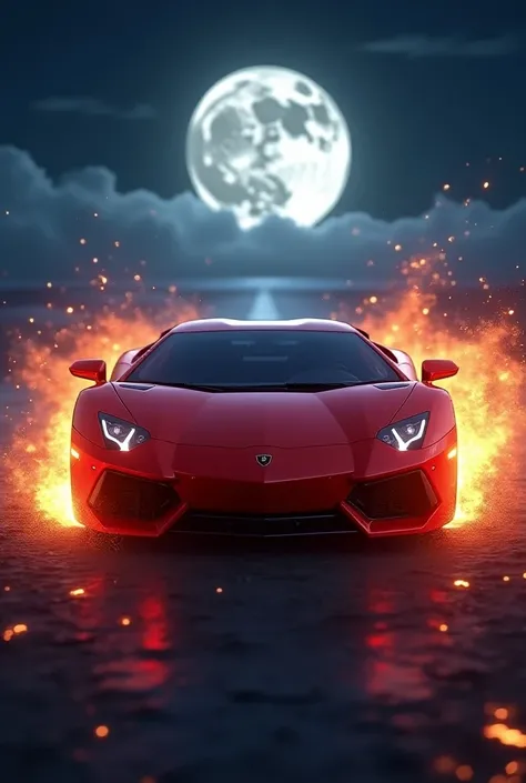  Red Car Gif,in the background full moon,Fire Wheels ,