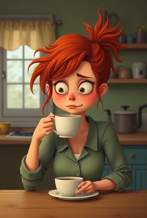 Red-haired disheveled funny woman with sleepy-looking sleepy eyes sits in the kitchen at a table with a cup of tea with a disgruntled face