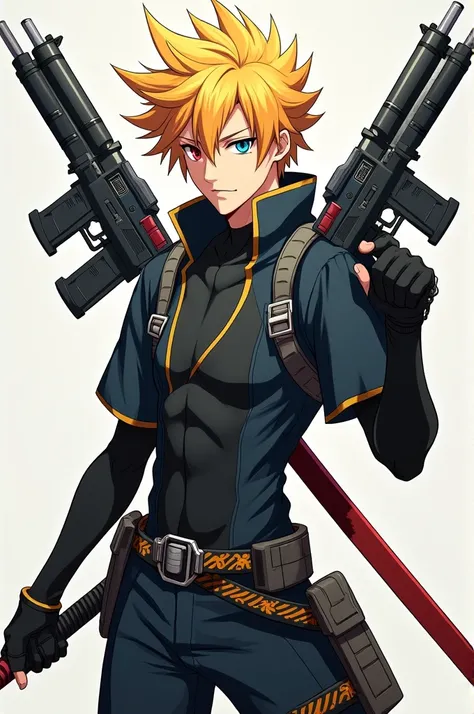 Male anime character with golden hair, black eyebrows, 2 colored eyes, left blue, right red, left hand holding twin shotguns, right hand holding katana sword