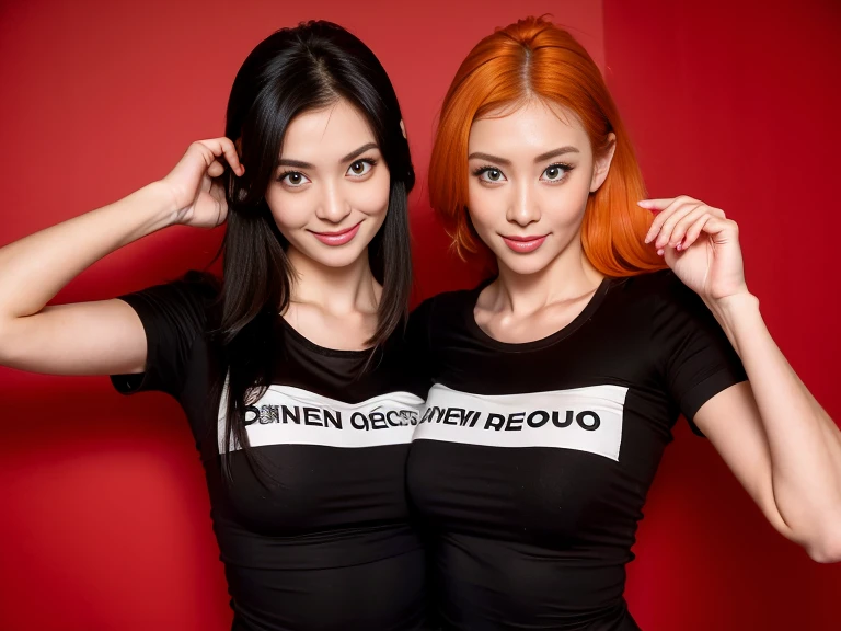 best resolution, 2heads,  half-body shot, conjoined, dicephalus, friends becoming conjoined, japanese woman with two heads ,  black hair, blonde hair, red hair, different faces, t-shirt,  indoor background