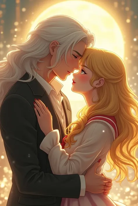 beautiful man with long white hair hugs girl, Sailor Moon,realistic skin,High-quality anime image in 128k Bluray Extreme UHD 4K format. My attention is drawn to the incredibly beautiful Sailor Moon knitted pullover, wavy blond hair that falls like a waterf...