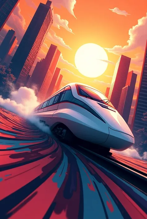 A modern train in very high motion in a city of sky scrappers with a mid blowing sky not so realistic but high graphics bright orange sunlight cartoon image show the wind waves due to the trains high speed not realistic 