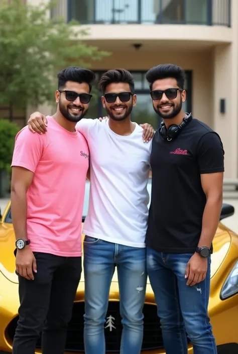 Three real 18yearold boy friends are standing leaning against a golden super luxury car, and all three are wearing different pink,white, black shirts and black pants, and all three have different names on their t-shirts.It is written Satya Anu Manda Shanti...