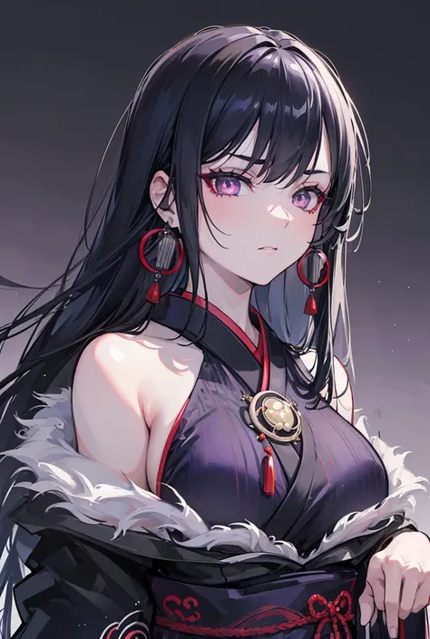 1girl, dark black hair, traditional chinese kimono, black raven purple and silver kimono, voluptuous mature body, large breasts, earrings, hoop earrings, crescent earrings, crystal earrings, symbol-shaped pupils, jade white skin, dark intimidating aura, ar...