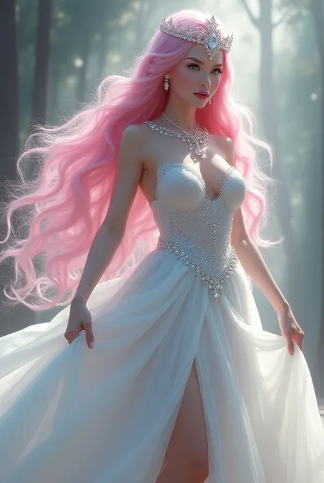 god,  but buxom princess , long pink hair,  bright crystal blue eyes ,diamond crown ,  long white flowing dress with pink jewelry, white heels,  and plum pink lips 