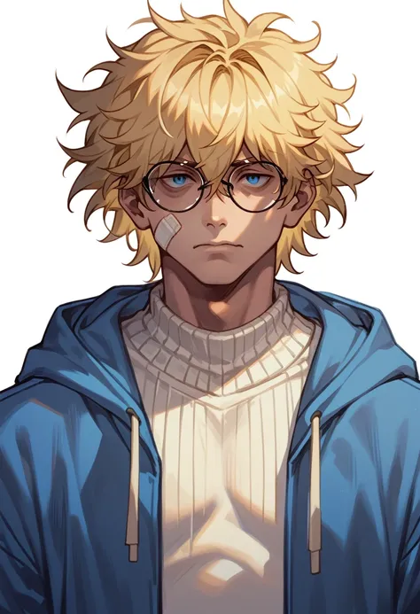 Human Male, Blonde Messy  hair , wearing BLUE Hoodie , wearing Bandage , white Sweater , eyewear ,Simple  Cartoon Style 