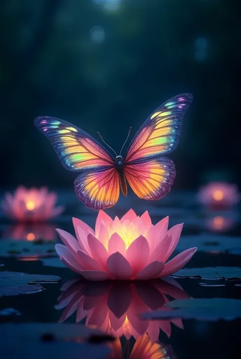 (Abstract) A colorful butterfly blooming from a bed of glowing lotus flowers floating in a pond of darkness

