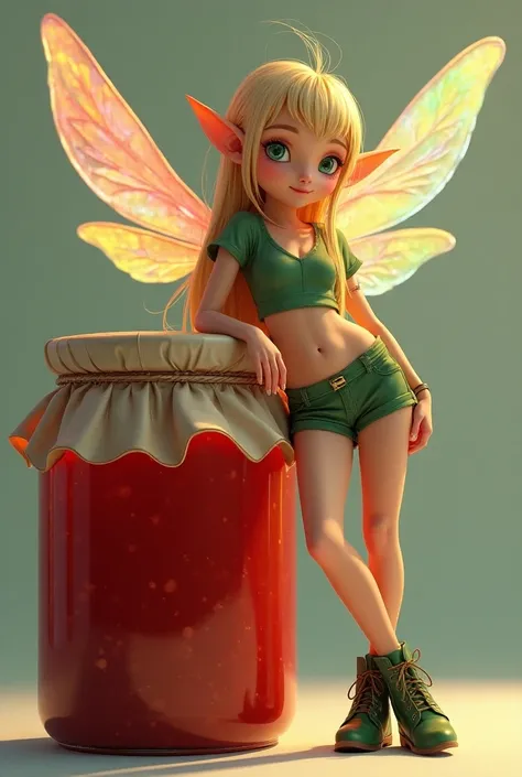 Super realistic illustration, Detailed Fantasy art, Cinema 4D rendering, 1 Androgynous skinny Elf, Feminine face, solo, full body, A small-sized elf with transparent wings that shine with the rainbow color is Standing leaning against a big and tall jar of ...