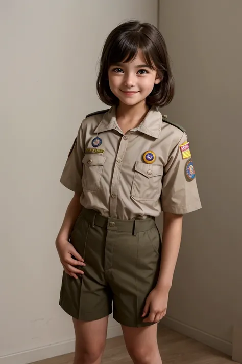 A beautiful and innocent one (( girl)), dressed in Boy Scout uniform , It is standing in front of the observer, looking at the observer,  smiling at the observer 