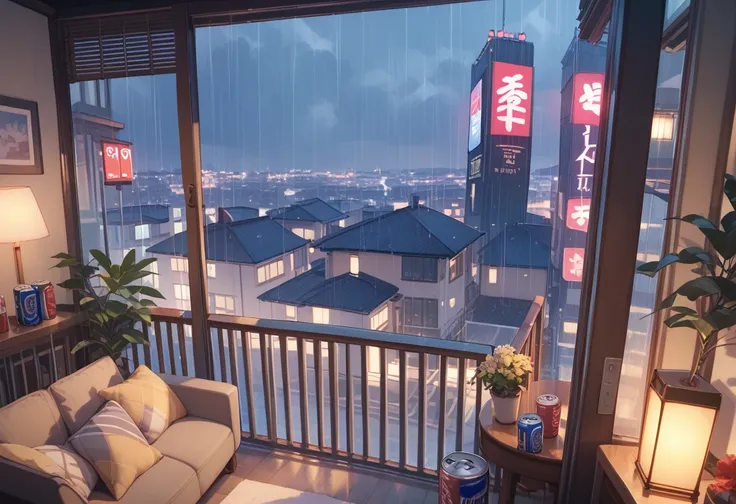 (Best Quality),  High Resolution , Rainy Day, Views of the city can be seen from the large windows, Inside the room, Scenery is the protagonist , night,  side angle, There is no one