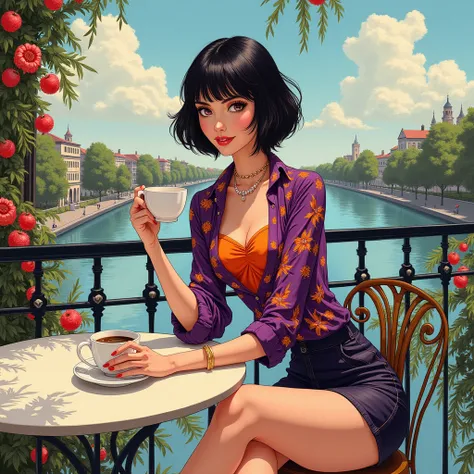 Stunning woman, short black hair, short skirt, blouse, purple, orange, purple color, sitting on the terrace of a cafe by the river, light brown hair, alcohol ink illustration, hyper-detailed, maximalist ink drawing with a cup of coffee and a smile