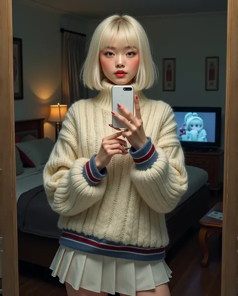 Limage montre une jeune femme réaliste et reel se prenant en selfie devant un miroir.  She is wearing an oversized white cable sweater with a thick turtleneck and blue and red bands at the cuffs and bottom of the sweater.. Sous le pull, elle porte une jupe...