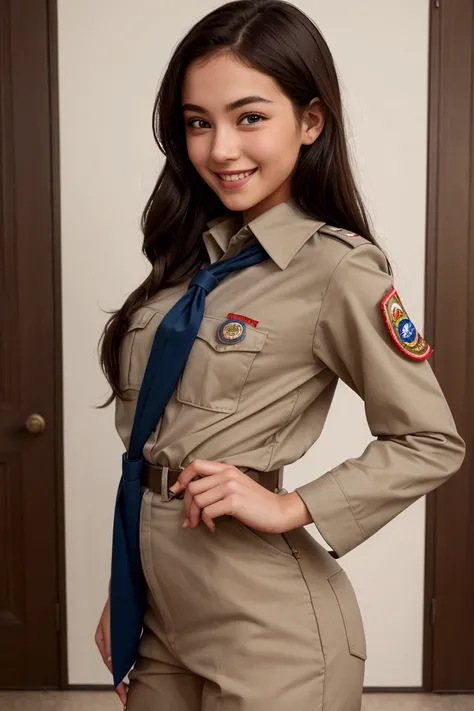 A beautiful and sexy one (( girl)), dressed in Boy Scout uniform , It is standing in front of the observer, looking at the observer,  smiling at the observer 