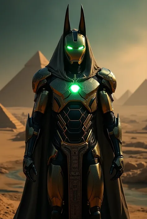 Anubis-Inspired Iron Man Suit: "An ancient Iron Man suit inspired by the Egyptian god Anubis, featuring sleek black and gold armor resembling a jackal. The suit has intricate hieroglyphics, glowing emerald eyes, and a flowing cape that mimics the look of A...