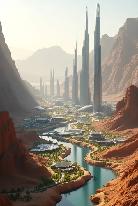 Here is a depiction of the futuristic city of Neom, surrounded by deserts and mountains, featuring sleek modern architecture and sustainable urban design.

