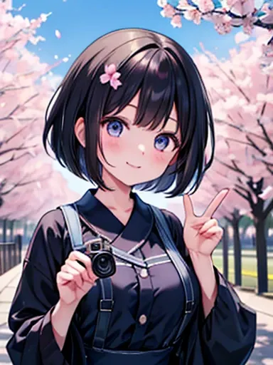 A girl in dark colors , Bob Haircut.。She is smiling and making a peace sign。She is wearing a floral shirt、A camera hanging from her neck。 The background is the Hiroshima Peace Memorial Museum （Atomic Bomb Dome）There is、There are cherry blossom trees in ful...