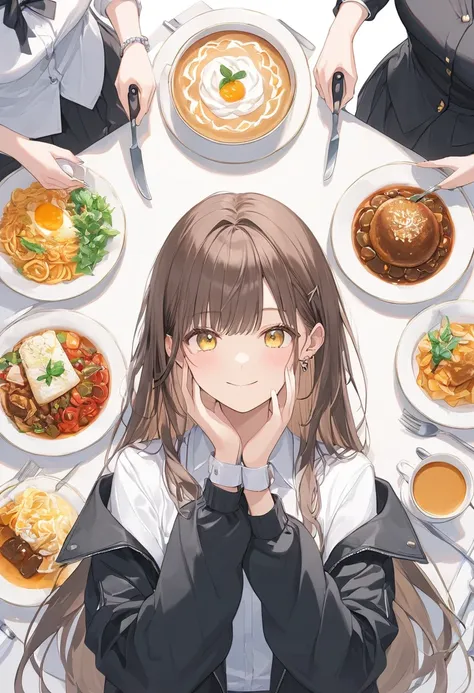  one woman in front of the dining table holding close to her face , woman in front of the table , lots of food lined up ,Hold it close to your face,pastel,smile,happiness,Yellow Eyes,Brown Hair,Long Hair,  background is a cafe masterpiece {x} wearing a black drop shoulder jacket, white shirt, highlighting women with knives and forks , best quality,Exquisite,8k, absurd,Ultra-detailed illustrations,( Observe the Audience)