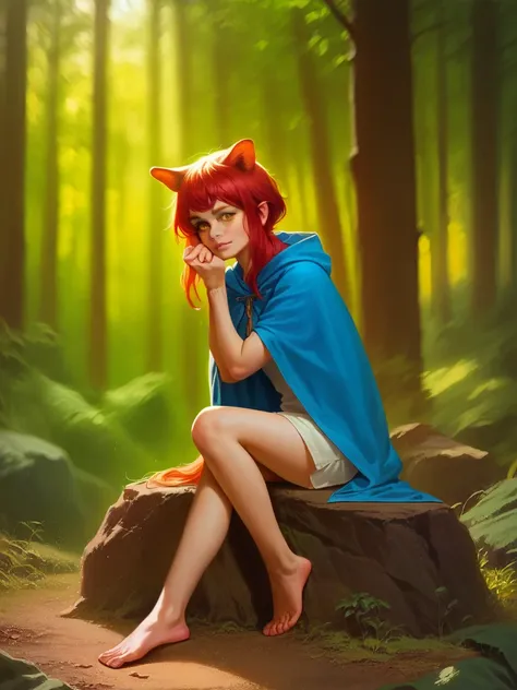 8k,  best quality, (realism:1.4), raw photo, 1 girl, red hair, animal ears, blue hooded cape, ears up, posture: sitting on rocks...