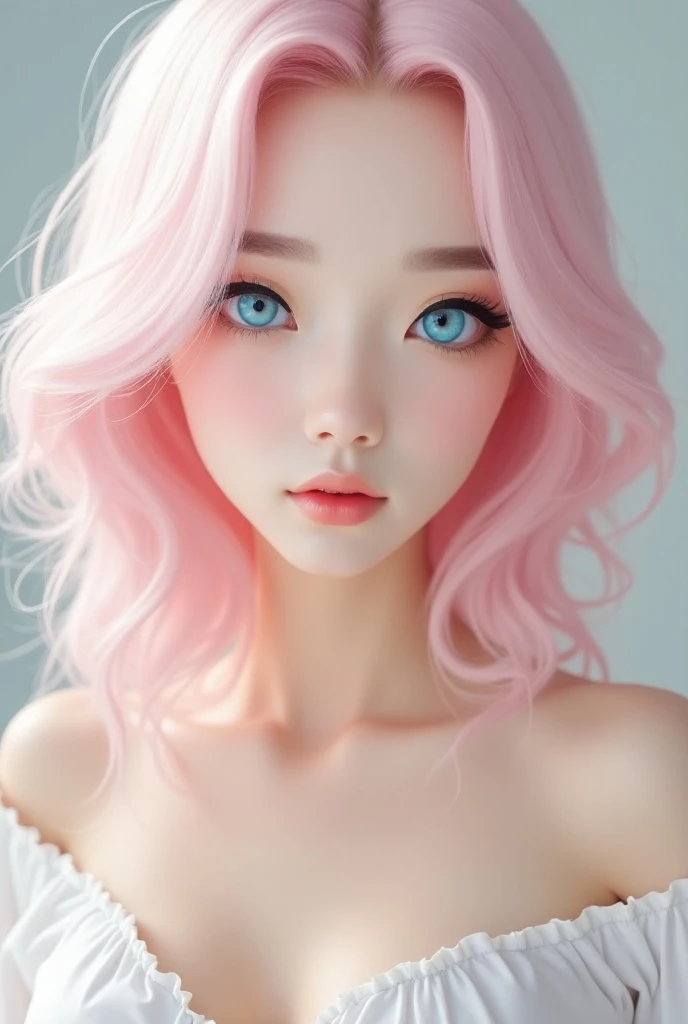 An attractive Asian influencer with albino features, including radiant, bright blue eyes. She has light pink hair styled in a realistic, soft, and flowing texture. She is facing the camera directly, making eye contact with a confident and alluring expressi...