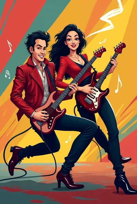 Cartoon of man and woman playing electric guitar, man in red leather clothing,woman in black leather pants 