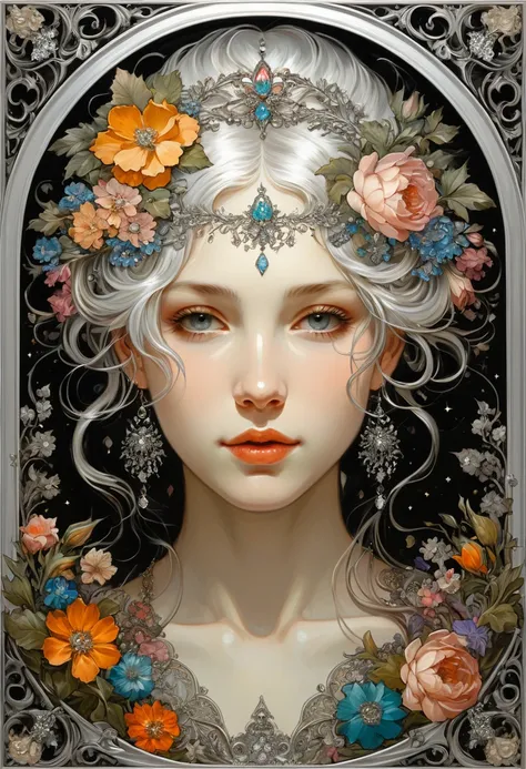 
information(masterpiece, Best Quality,  best quality, Official Art,  beautiful and aesthetic :1.2), ( 1 girl),  extremely detailed,( fractal art :1.3),colorful,Best details,　Symbolism　Floral frame， Decorative panel， Alphonse Mucha 、Silver Hair、Crystal Eye...