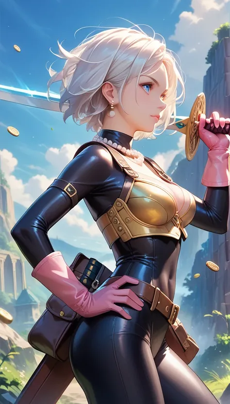 (masterpiece,  best quality:1.1), thief (dq3), 1 Girl,  alone, Short hair, White hair, Blue Eyes, Medium breasts, Pink gloves, Jewelry, Pearl Necklace, earrings, belt, sword, yellow chest armor ,  black bodysuit, Bag, (coin, sword on hip:1.2), (Elevation, ...