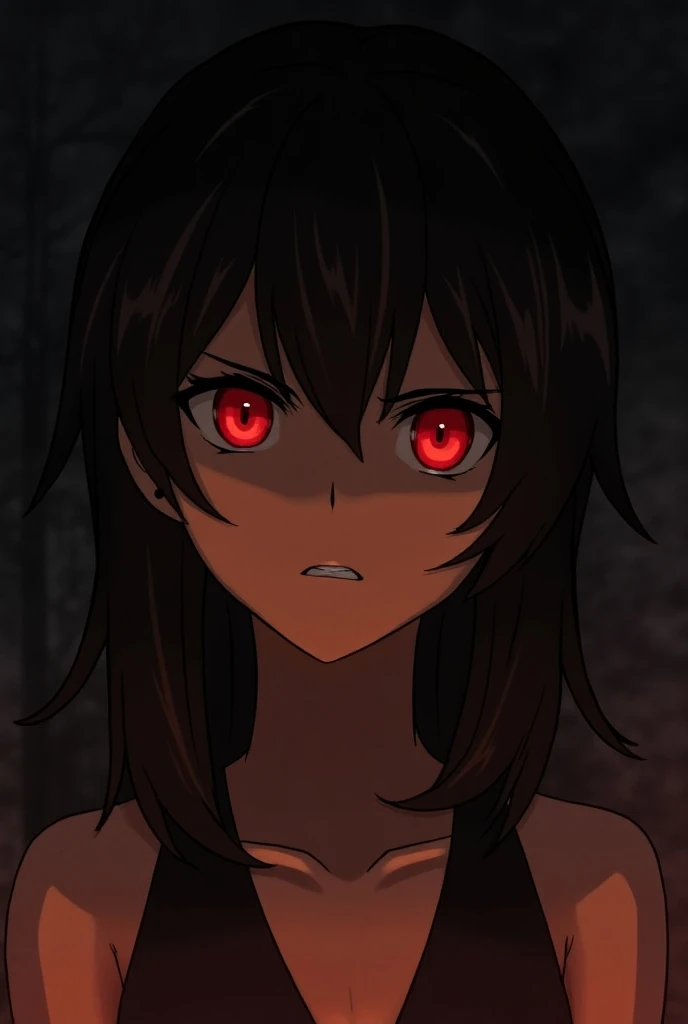 Draw a tanned girl with chocolate hair and black locks and red eyes in the style of JJK.