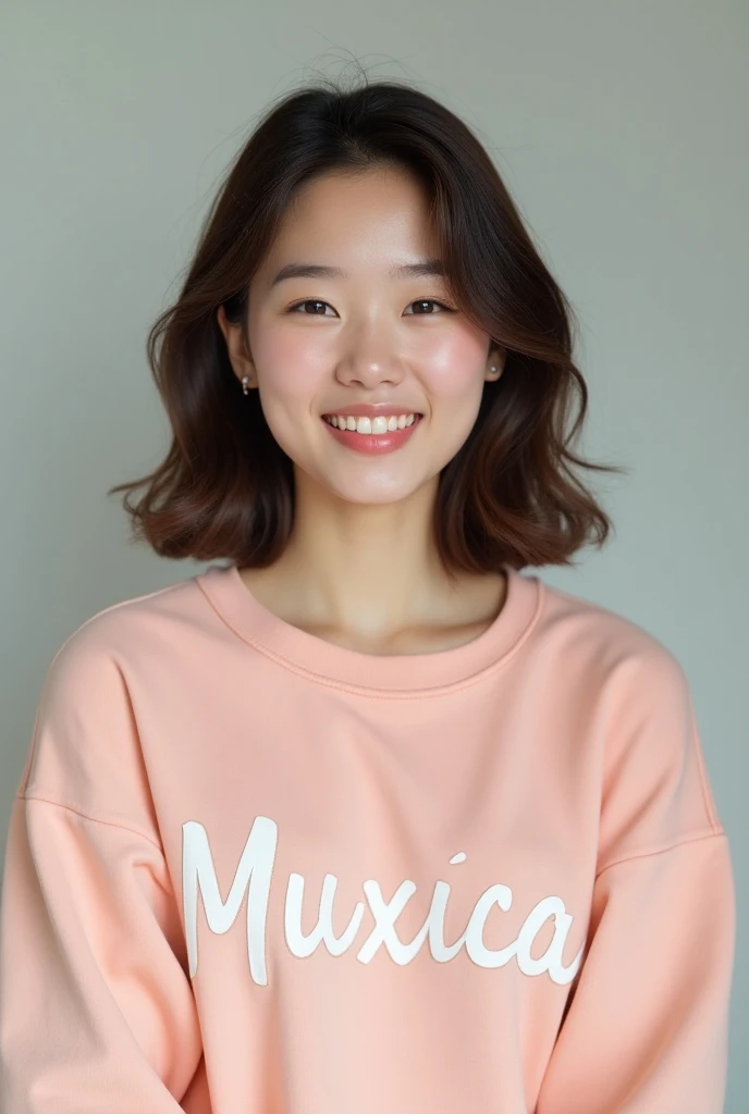 1 happy korean lady with a sweatshirt that says Muxica sitting