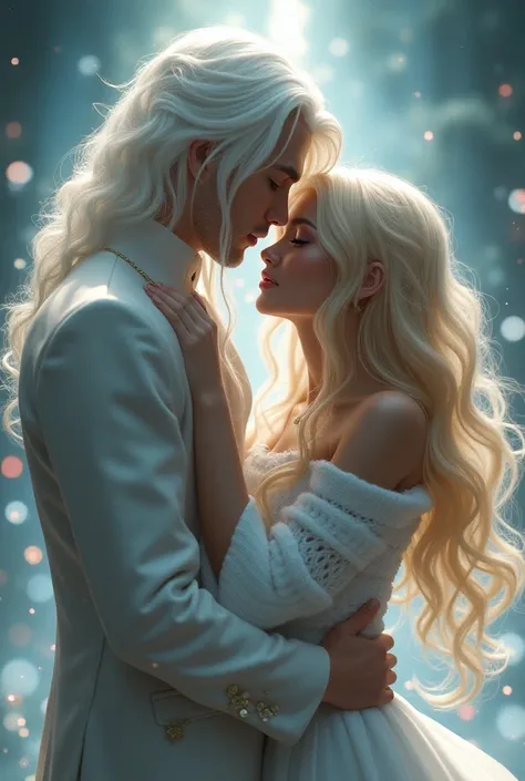 beautiful man with long white hair hugs girl, Sailor Moon,realistic skin,High-quality anime image in 128k Bluray Extreme UHD 4K format. My attention is drawn to the incredibly beautiful Sailor Moon knitted pullover, wavy blond hair that falls like a waterf...