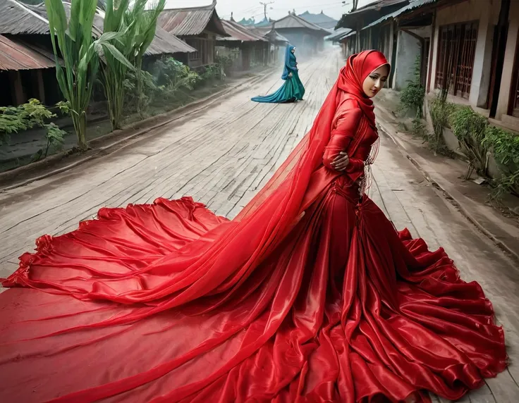 A woman shrouded in a 9-meter-long, plush red organza cloth, tightly bound and grandly draping along the form of her body, flowing off into a pooled floor-length train, styled in a mermaid-inspired outfit, her head modestly veiled in a satin hijab, 175 hei...